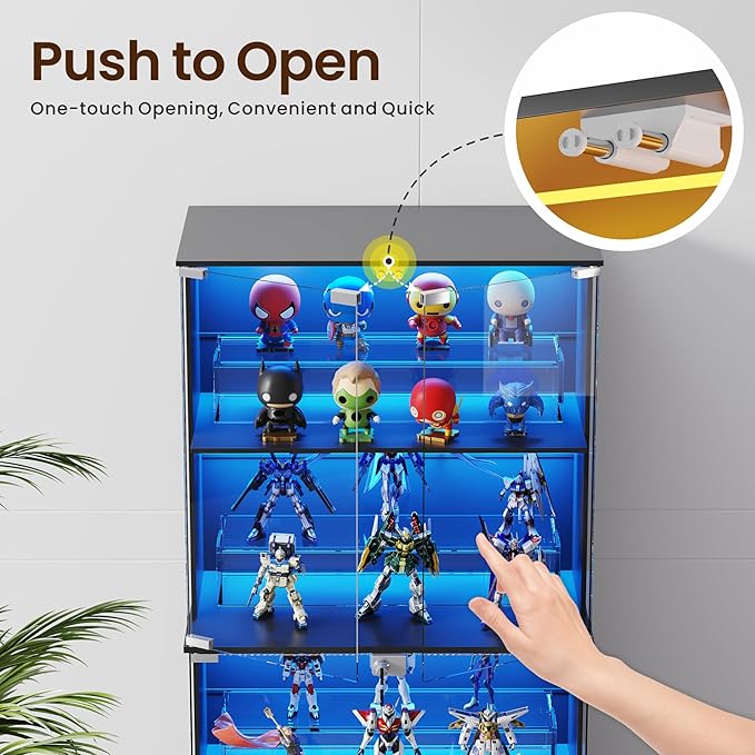 Lvifur Display Cabinet with Glass Doors, 66" Curio Cabinet with Lockable, 4-Tier Bookcase with 3 Color Lights for Collectibles, Storage Cabinets with Human Body for Books, Toys, Black