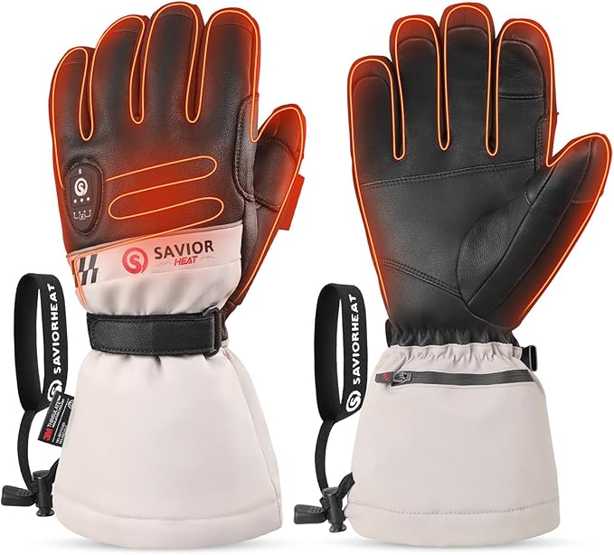 SAVIOR HEAT Heated Gloves for Men Women, Rechargeable Electric Heated Leather Skiing and Snowboarding Gloves