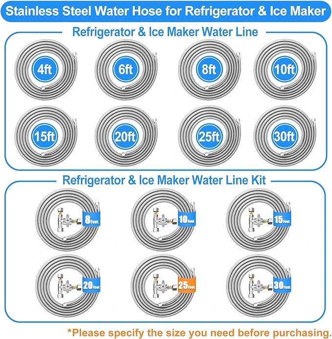 Fridge Water Line Kit - 25FT Premium Stainless Steel Braided Refrigerator Water Line with Tee Stop Valve,Foodgrade PEX Inner Tube Ice Maker Water Line with 1/4" Fittings for Refrigerator Ice Maker
