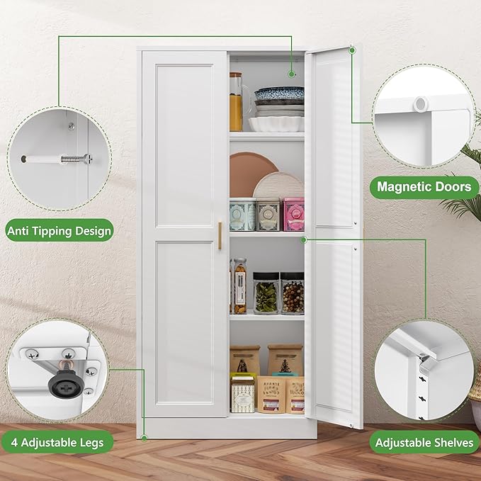 60" Kitchen Pantry Storage Cabinet,White Tall Storage Cabinet With Doors and Shelves,Metal Food Pantry Cabinets for kitchen storage,Freestanding Cupboard for Dining Living Room,Assemble Required