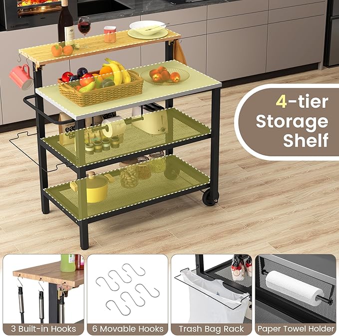 GOFLAME Outdoor Patio Cart Table, Kitchen Shelf on Wheels with Flip Top, Trash Bag Holder, Movable Hooks, Side Handle, Rolling Dining Grill Table, 4-Tier Serving Cart for Home, Bar (Without Chairs)