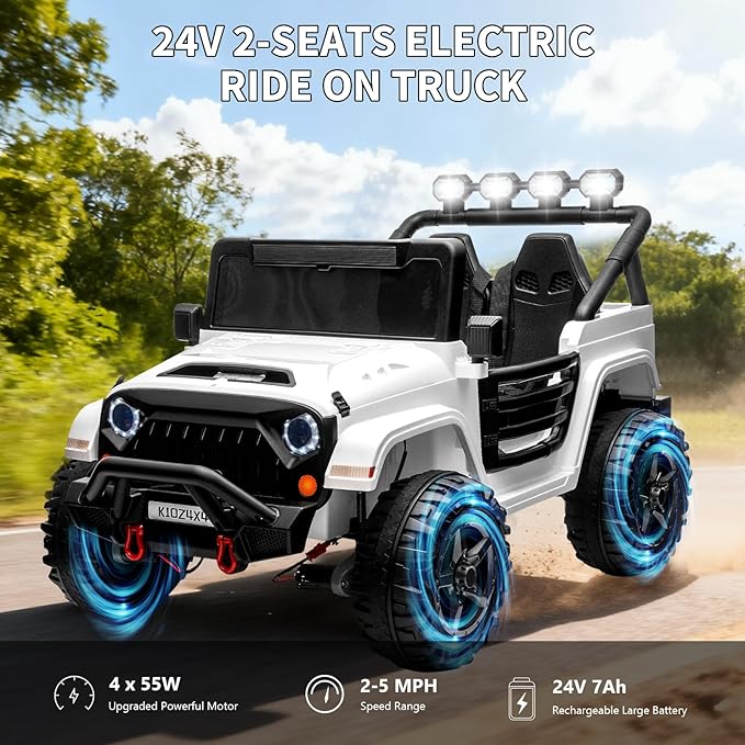 Kids 24V 2-Seater Electric Ride On Car, 4x4 Ride On Truck w/Remote Control, 4-Wheeler Suspension, 3 Speeds, Led Lights, Bluetooth, Ride on Car Toy for Kids Ages 3-8, White