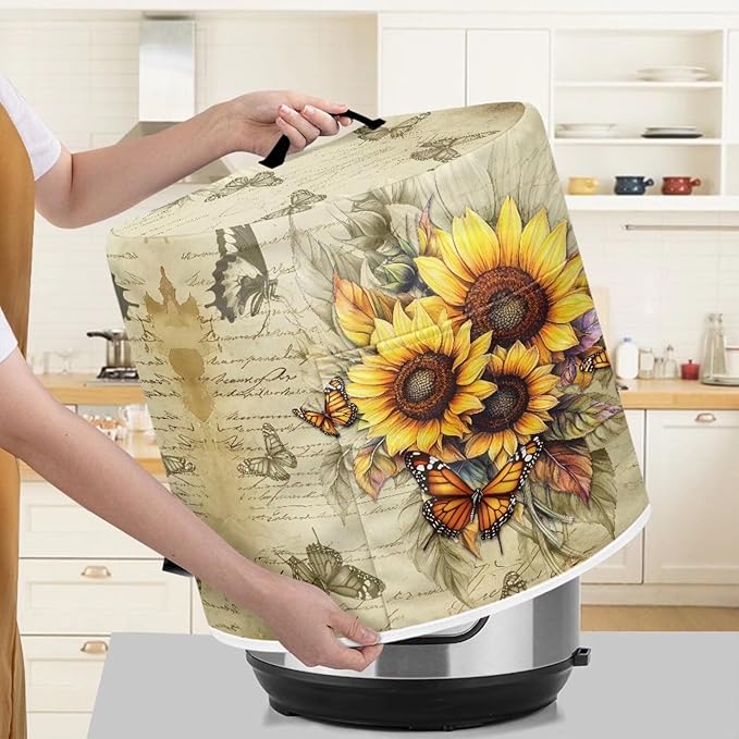 Sunflower Butterfly Print Pressure Cooker Cover for 6 Quart Instant Pot and Air Fryer Accessories, Stain Resistant Washable Round Protective Cover Electric Appliance Cover with Front Pocket