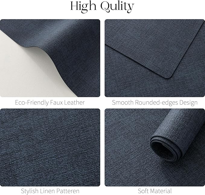 MOSAYT Faux Leather Placemats Set of 6, Heat Resistant Wipeable Washable Vinyl Place Mats with Coasters, Waterproof Oil Proof Table Mats for Kitchen Dining Party Outdoor, 12" x 17", Navy Blue