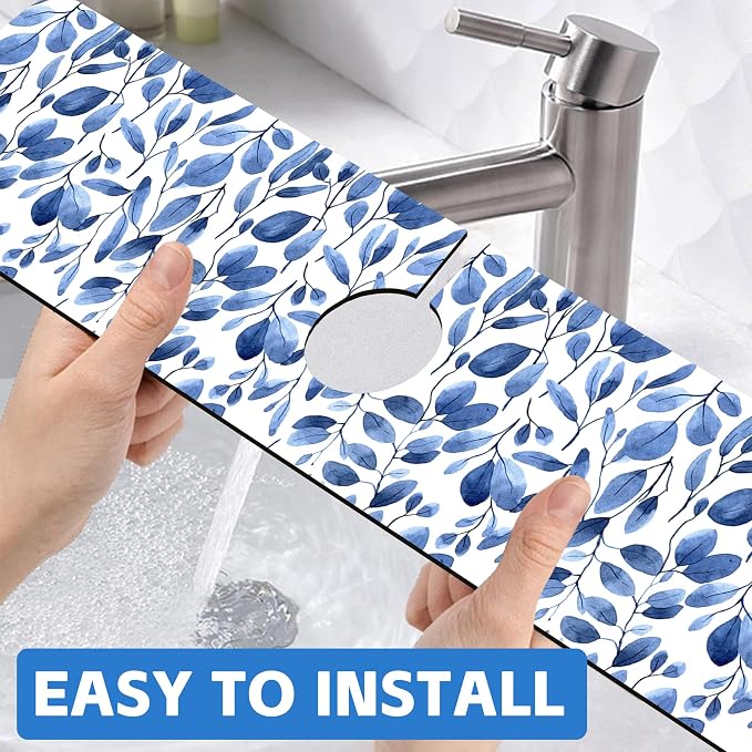Watercolor Blue Leaves Sink Faucet Absorbing Mat Sink Splash Guard Faucet Mat - Image 6