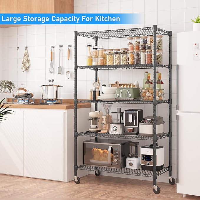 Homdox Heavy Duty Storage Shelves, 5 Tier Wire Shelving Unit with Wheels, Commercial Adjustable Metal Shelves for Storage, Garage Rack Pantry Shelves Kitchen Shelving, 18"x36"x82", Black