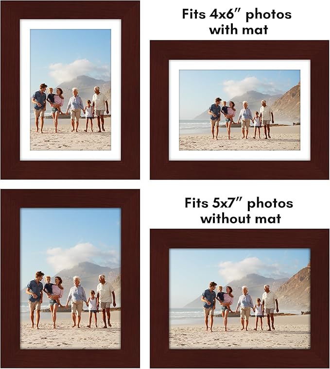 Americanflat 5x7 Picture Frame with Polished Plexiglass - Set of 5 - Use as 4x6 Frame with Mat or Display 5x7 Photo Without Mat - Galleria Collection - Picture Frames for Tabletop and Wall - Mahogany