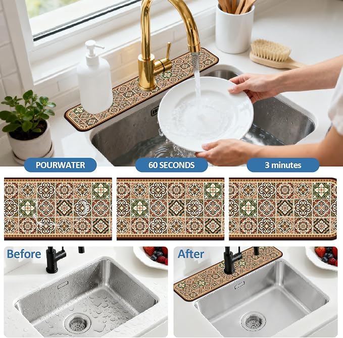 2 Pcs Kitchen Sink Splash Guard Faucet Mat Brown Vintage Pattern Faucet Mat - Image 5