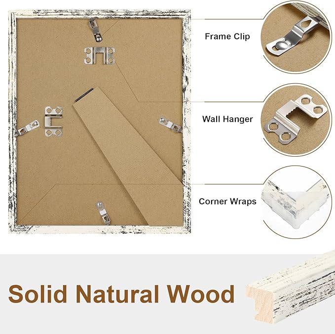 Vittanly 8x10 Picture Frame Set of 2, Solid Wood Frame for Wall or Tabletop, Display Photo 5x7 with Mat or 8x10 without Mat, Distressed White