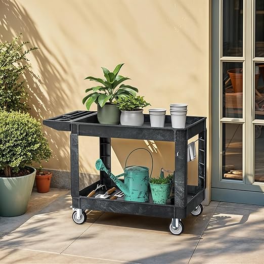 DWVO Utility Service Cart on Wheels, 550 lbs Capacity, 45 x 25 Inch Rolling Work Carts with Wheels, 2 Shelf Heavy Duty Plastic Cart Suitable for Warehouse, Garage, School & Office, Cleaning, Black