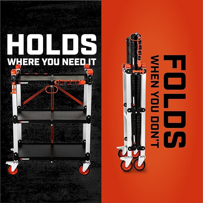 Crescent SITERUNNER, 3 Shelf Heavy Duty Folding Jobsite Cart - 300-lb Capacity, F3SCBL