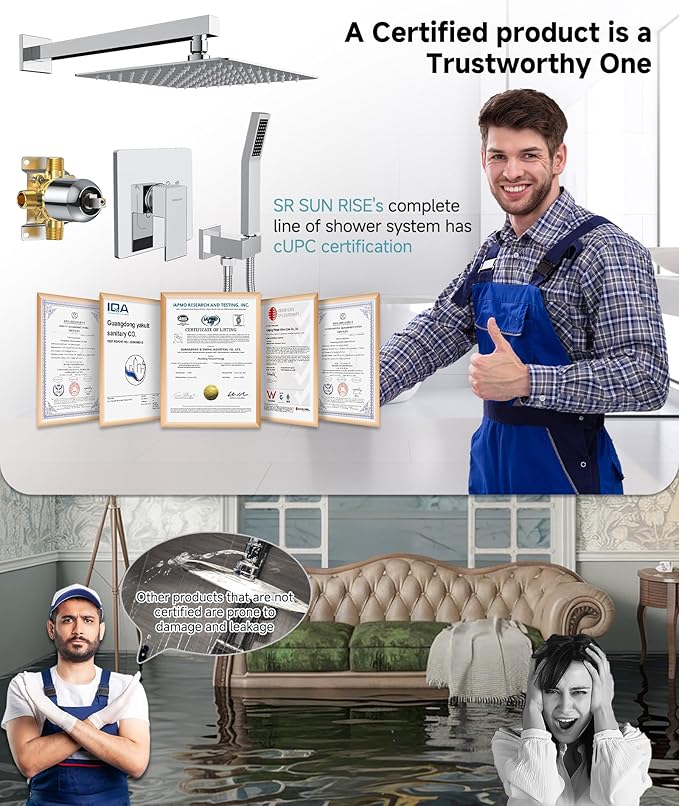 SR SUN RISE Shower System Bathroom 10 Inch Rainfall Shower Head & Handle Set Wall Mounted Rain Shower Faucet Set Polished Chrome