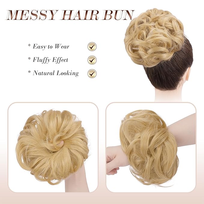 FESHFEN Large Messy Bun Hair Piece - Wavy Synthetic Chignon Scrunchies Elastic Ponytail Hair Extensions Thick Hairpieces for Women, Champagne Blonde 1.94oz