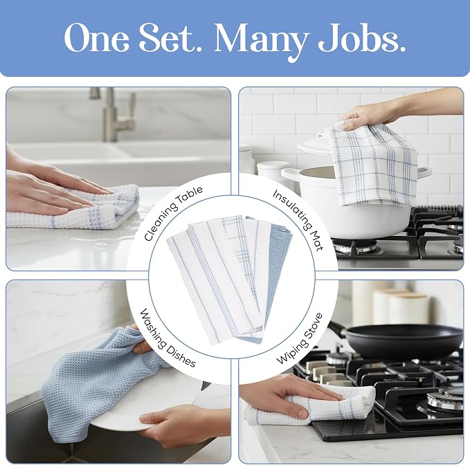 Kitchen Towels Set of 4 Dish Towels Blue n White Waffle Weave Cotton Hand Towels - Image 8