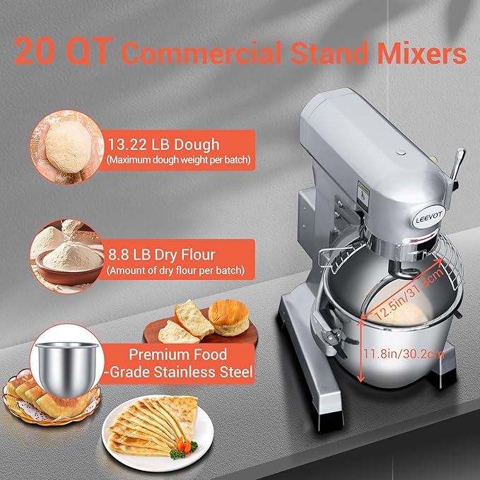 20QT Commercial Planetary Stand Mixer, Heavy Duty Dough Mixer with 60-Min Timer & Splatter Guard, 3 Speeds for Kneading, Creaming, Whipping, for Bakery, Pizzeria, Restaurant