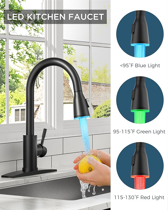 FORIOUS Kitchen Faucet with LED Light Sprayer, Single Hole, High Arc Single - Image 2