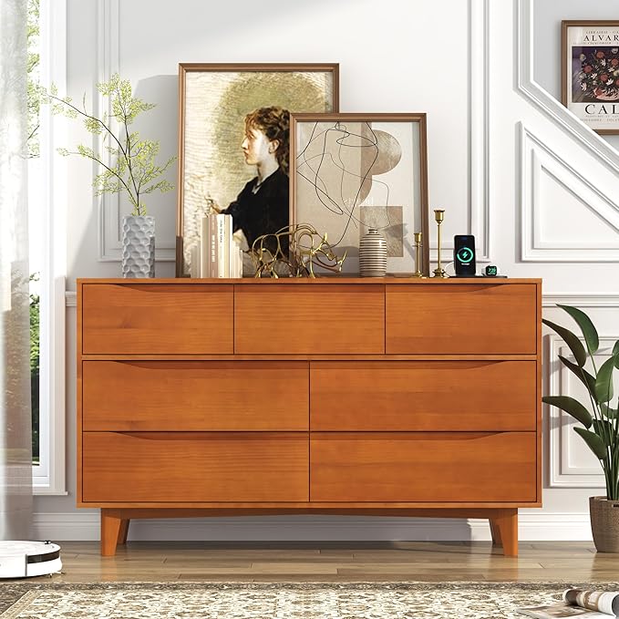 55”Solid Wood Drawers Dresser with Power Outlets, 7 Drawer Dresser for Bedroom, Mid Century Modern Vintage Large Chest of Dresser for Hallway, Entryway,Cutout Handle, Storage Essentials, Caramel