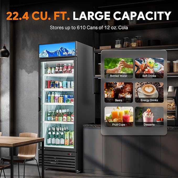 Wilprep Commercial Refrigerator, 22.4 cu. ft. Upright Beverage Display Refrigerator with LED Lighting, 27.6" Glass Door Merchandiser Cooler, ETL, ETL sanitation Listed