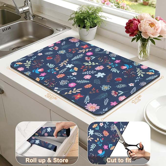 LOKHOM 12"x20" Dish Drying Mat，Colorful Floral Coffee Mat Blue | Colorful - Image 3