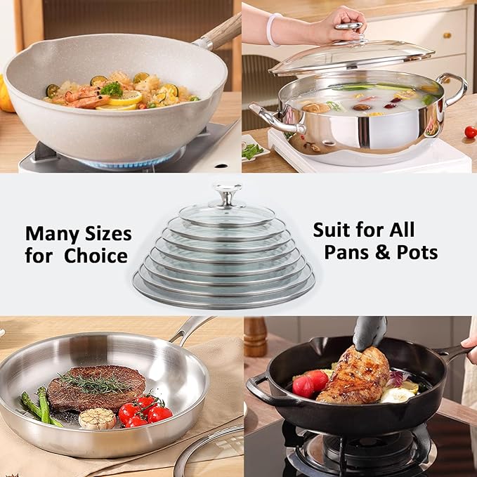 Glass Lid For Pots, Pans and Skillets, Clear tempered Glass Lid Replacement with Vent For Frying Pan, Stock Pot, Cast iron skillet, 8, 9.5, 10.25, 11, 12, 12.5, 13.5 and 14 Inch Stainless Steel cover