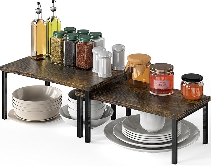 Simple Houseware Expandable Stackable Cabinet and Counter Shelf Organizer with Wooden Surface, 7.6'' D x 11.75'' W x 6.1'' H, Rustic Brown