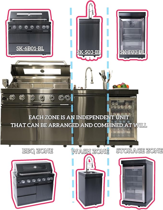 82 Inches 6-Burner 85,000 BTU Deluxe Stainless Steel Propane Gas Grill Outdoor Kitchen Island,Sink,Beverage Refrigerator Storage & Rotisserie Kit for Patio Backyard,Black