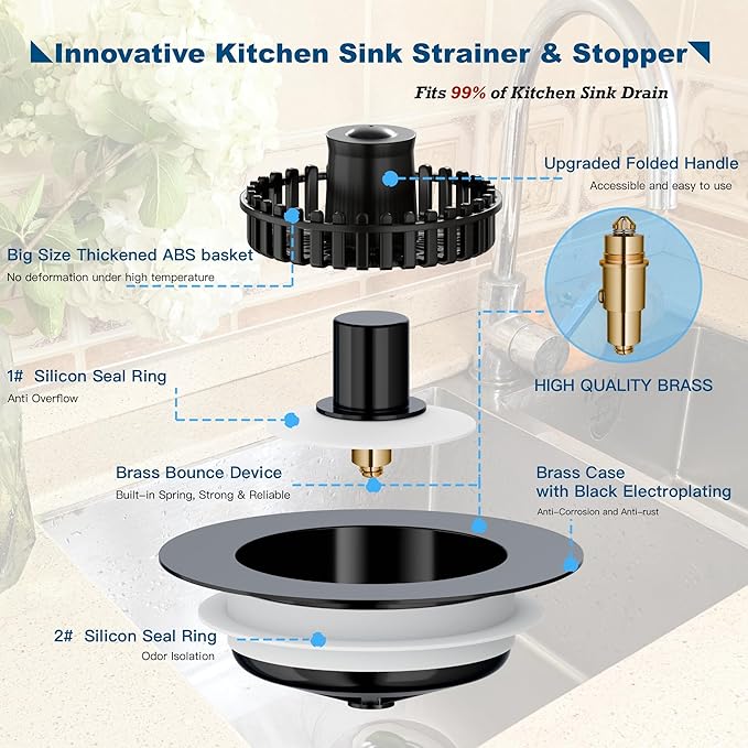 Sink Drain Strainer, 3 in 1 Kitchen Sink Drain Strainer, Kitchen Sink Stopper, Sink Drain Stopper, Sink Strainer with an Extra Anti-Clog Basket for US Standard 3-1/2'' Sink Hole, Brass Material Black