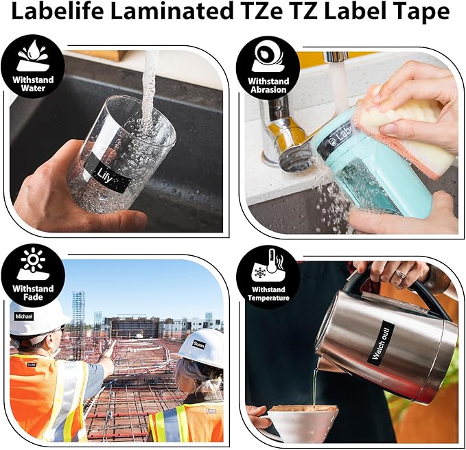Labelife Label Maker Tape Black Replacement for Brother TZe-335 TZe335 P Touch Label Tape White on Black TZe TZ 12mm 0.47 Laminated for Brother PT-D210 PT-D220 PT-H110 PT-D400 PT-D600, 4-Pack
