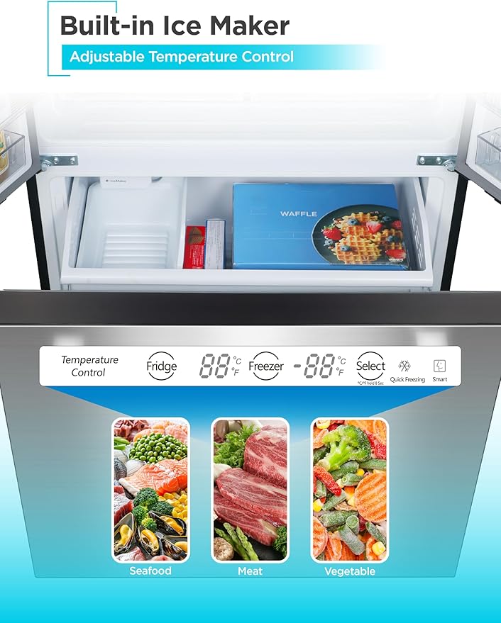 BLACK+DECKER 16 Cu. Ft. French Door Refrigerator with Built-in Ice Maker, Full Size Refrigerator with Bottom Mount Freezer Drawer, Frost Free, ENERGY STAR certified, BRF1600GIMS, Stainless Look