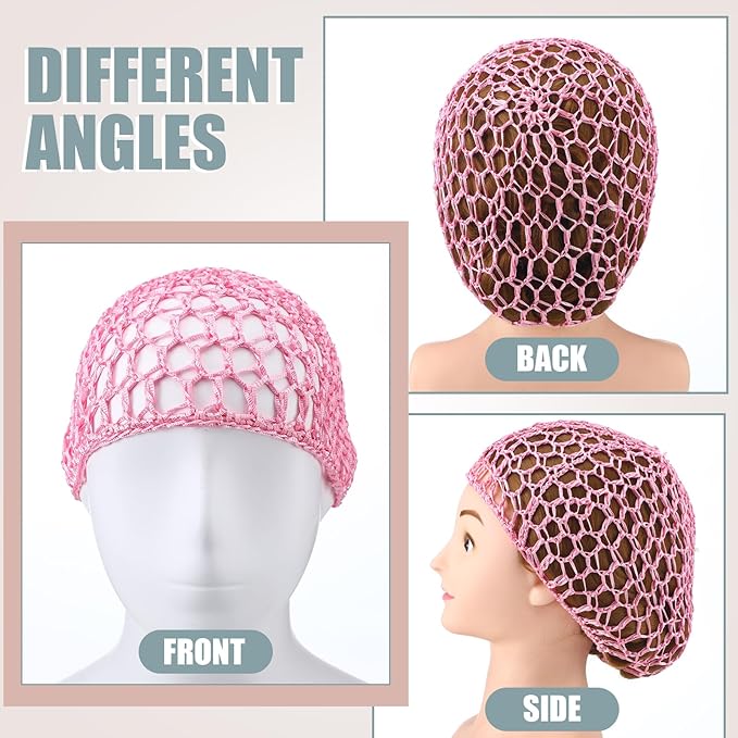 Geyoga 4 Pieces Mesh Crochet Hair Net Rayon Knit Snood Hat Thick Short Women Hairnet Snoods Cover Ornament for Sleeping (Pink,Black)