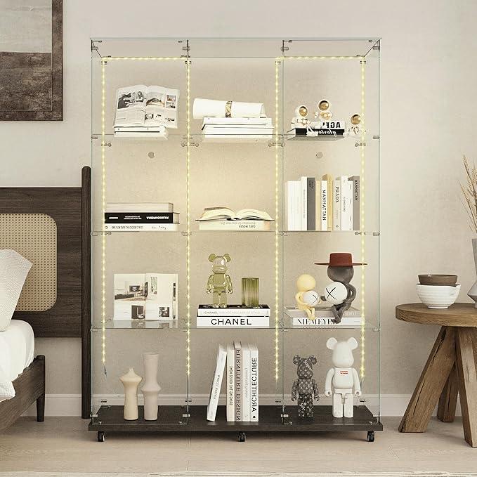 Yoluckea 4 Tiers Glass Display Cabinet Extra Large with Bluetooth LED Light Strip, 2 Doors Floor Standing Curio Cabinet with Universal Wheel for Home, Black Glass Bookshelf for Collections, Clear Top