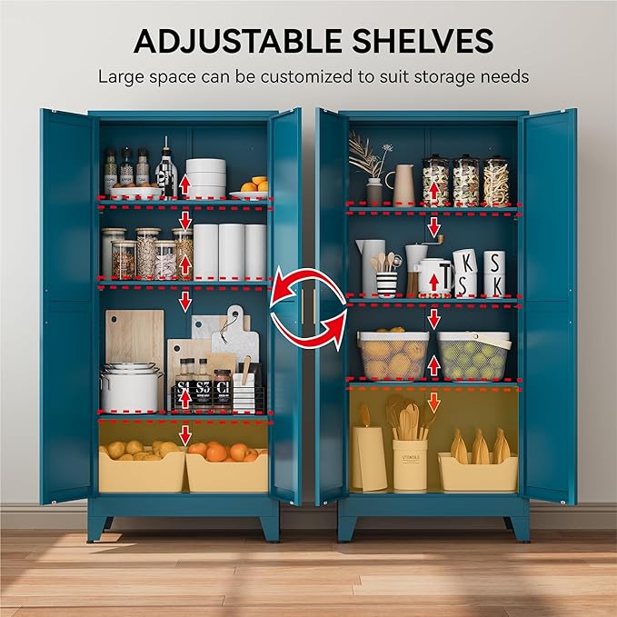 COFaR 61" Pantry Cabinet in Peacock Blue, Farmhouse Storage Cabinet with Adjustable Shelves, Sturdy Freestanding Cupboard for Kitchen Organization, Bathroom & Living Room