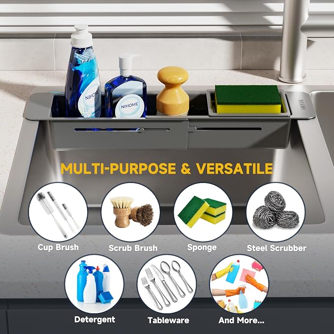 NiHome Extendable Kitchen Sink Caddy, Small Brush Sponge Storage Holder - Image 7