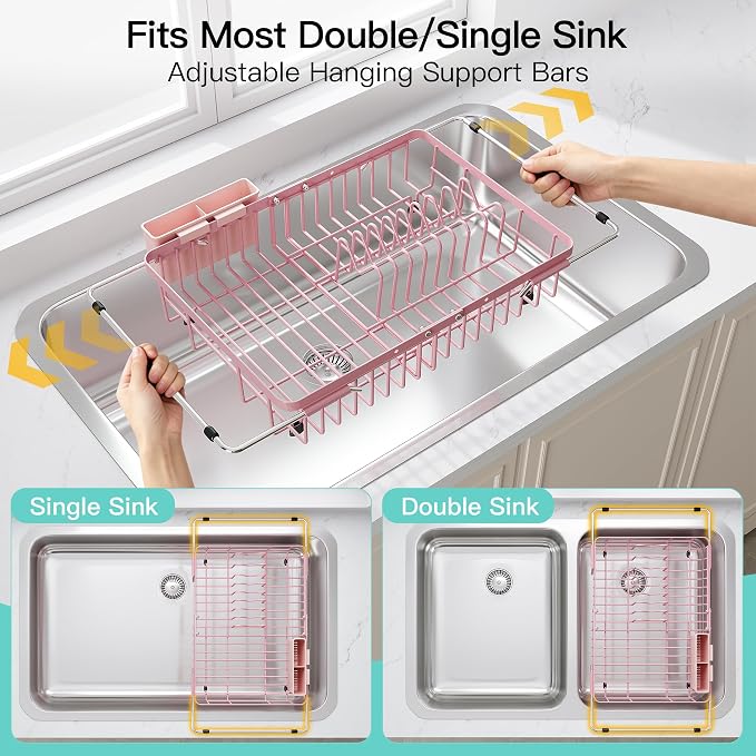 JASIWAY Pink Dish Drying Rack Over the Sink - Image 3
