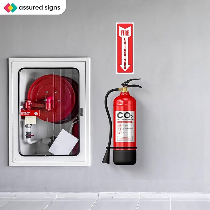 Fire Extinguisher Sign Sticker - 12 Pack - 4" X 12" - 5 Mil Vinyl - Bright Red White Colors - Durable Self Adhesive, Weatherproof, Photoluminescent and UV Protected - Ideal for Inside Office or Boat
