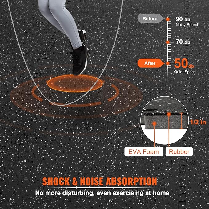 VEVOR 0.56Inch 48sq.ft 12 Tiles Gym Flooring for Home Gym, Rubber Top with High Density EVA Foam, 25 x 25In Gym Floor Exercise Equipment Mats, Interlocking Gym Mats, Puzzle Workout Mats, Black & Gray