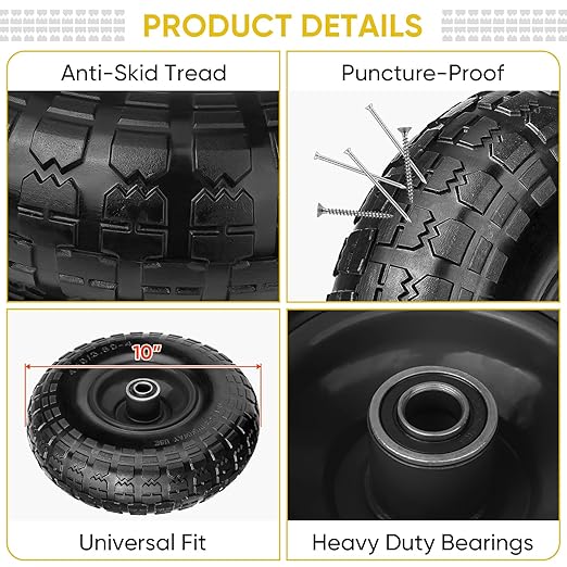 TICONN 10" Solid Tires, 2 Pack Flat Free 4.10/3.50-4'' Wheels with 5/8” Axle Bore Hole and Double Sealed Bearings (Black, 2PK)