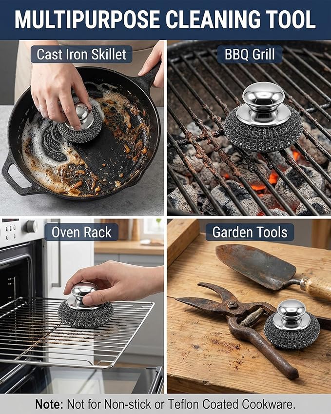 6 Pcs Steel Wool Scrubbers - Premium 304 Stainless Steel Metal Sponges for Cast Iron Skillets, Grill & Kitchen Pots - Rust Resistant, Non-Splintering Heavy Duty Scouring Pads for Tough Grease