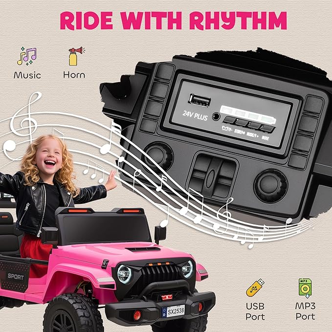 Qaba 24V 2-Seater Kids Ride on Truck Car, 44-50" L Adjustable 4WD Electric Car, 5 MPH Max Speed, Remote Control, Spring Suspension, Storage and LED Lights for Kids Ages 37-95 Months, Pink