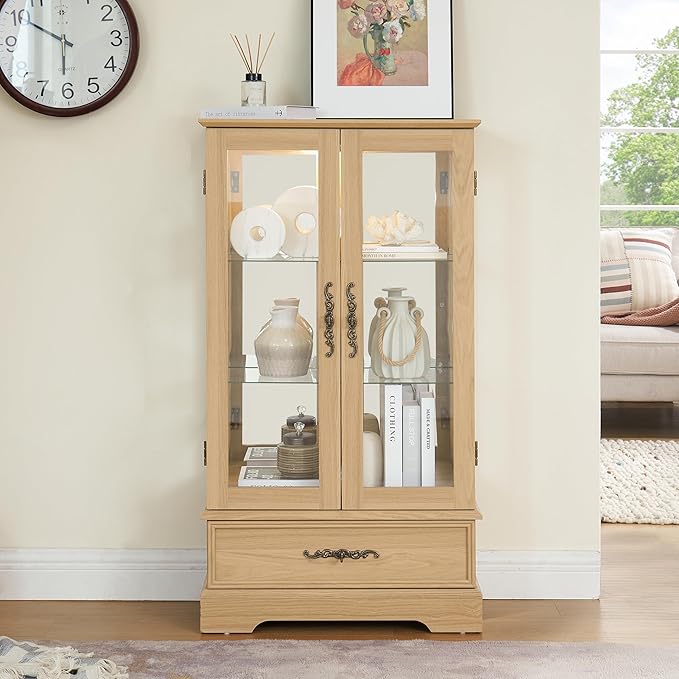 47" H Lighted Curio Cabinet Display Case, Glass Cabinets with Adjustable Shelves,Tempered Glass Door and Drawer, Wooden Curio Cabinet with Mirrored Back Pane for Living Room (Light Oak)