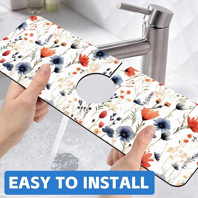 Watercolor Red and Blue Flowers Sink Faucet Absorbing Mat Sink Splash Guard - Image 6