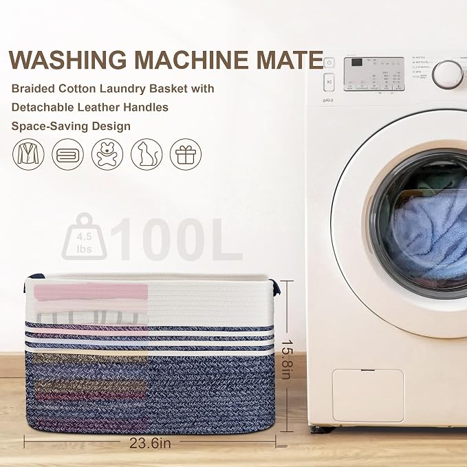 100L Woven Laundry Basket Hamper - Image 7