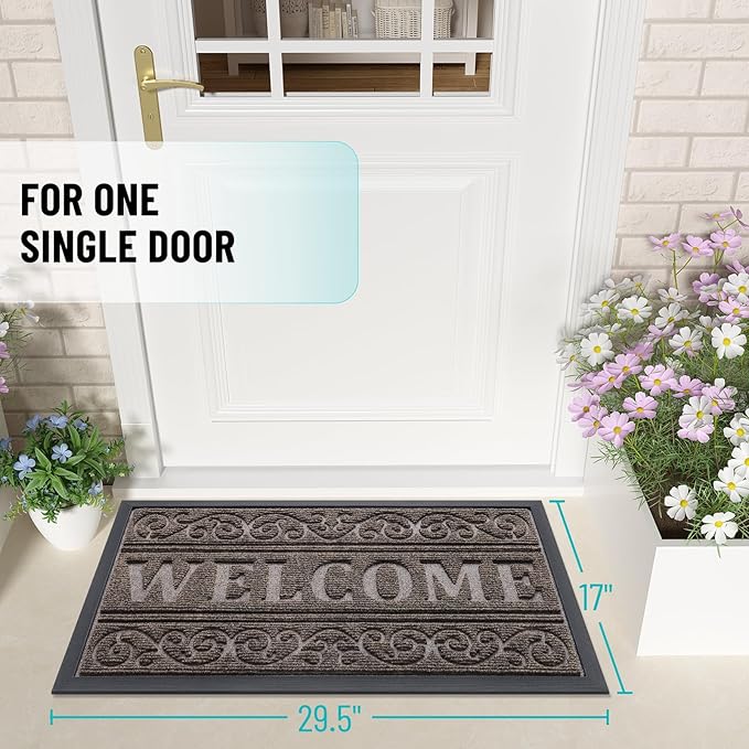 OLANLY Welcome Door Mat Indoor Outdoor Entrance, Heavy Duty Sturdy Front Door Mat, Waterproof All-Weather Doormat, Stain Resistant, Low Profile, Easy Clean Patio Entryway Mat, 36 x 24, Medium Brown