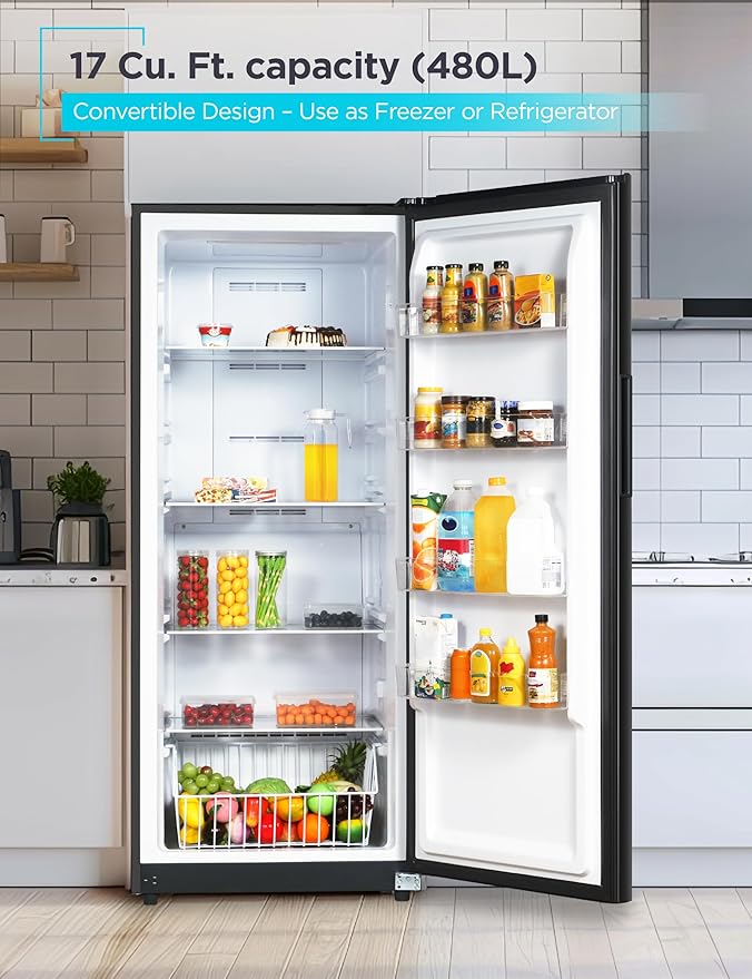 BLACK+DECKER 17 Cu. Ft. Convertible Freezer Refrigerator, Upright Freezer with Glass Shelves, ENERGY STAR rated, Frost Free, BUC1700XB, Black
