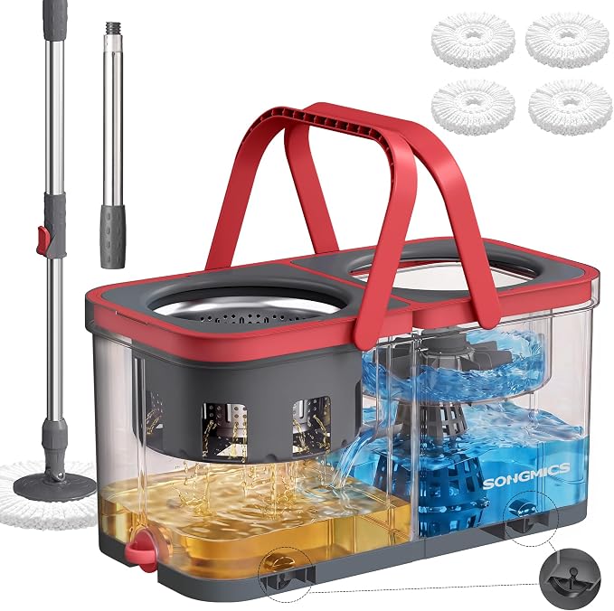 SONGMICS Spin Mop and Bucket Set, 4 Washable Microfiber Mop Heads by SONGMICS