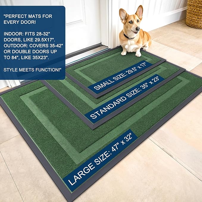 OLANLY Front Door Mat Indoor Outdoor Entrance, Waterproof All-Season, All-Weather Doormat, Sturdy Natural Rubber, Fade Resistant, Low Profile, Easy Clean Patio Porch Entryway Mat, 59x40, Green