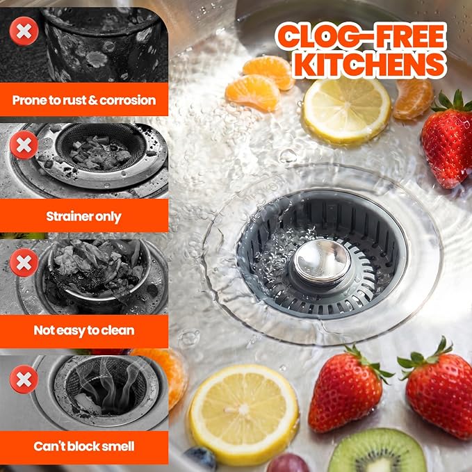 3 in 1 Kitchen Sink Drain Strainer Stopper Basket Pop Up Silver - Image 4