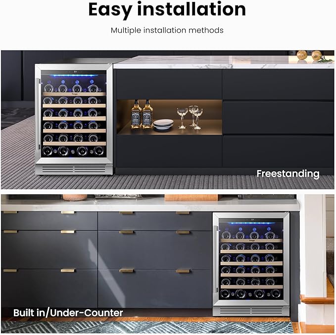 Yeego Wine Fridge Cooler - 24 Inch Wine Fridge Hold 52 Bottles, 40-65°F Wine Refrigerator Glass Door, Built in Fridge, Freestanding Adjustable Shelves Fridge for Beer Soda Drink Home Bar Office