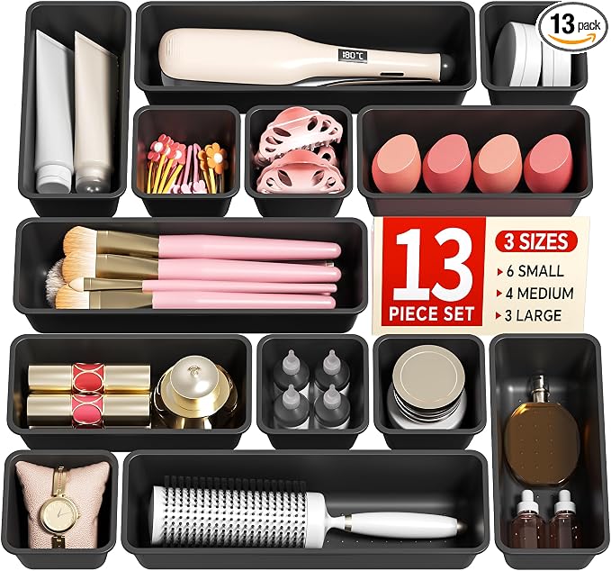 Canfanni 13 Pack Plastic Drawer Organizers Set, 3 Sizes Desk Drawer Organizer by Canfanni