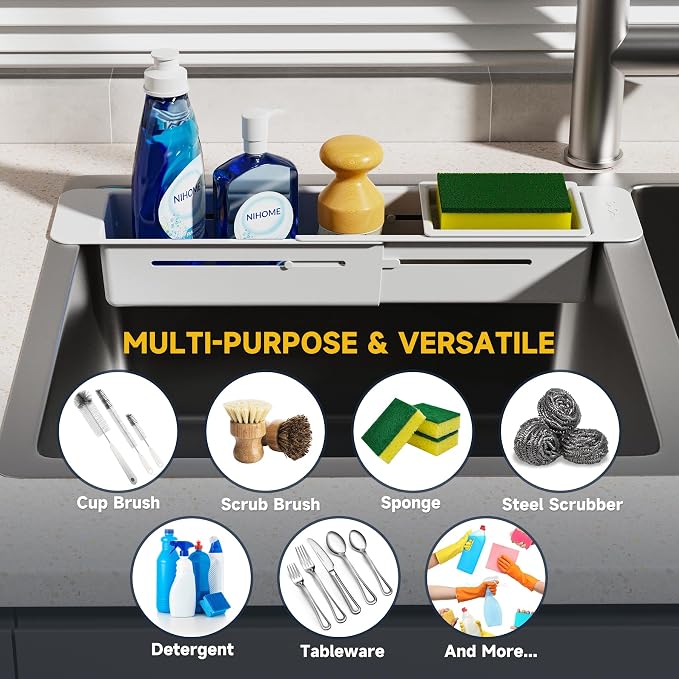 NiHome Extendable Kitchen Sink Caddy, Small Brush Sponge Storage Holder - Image 7